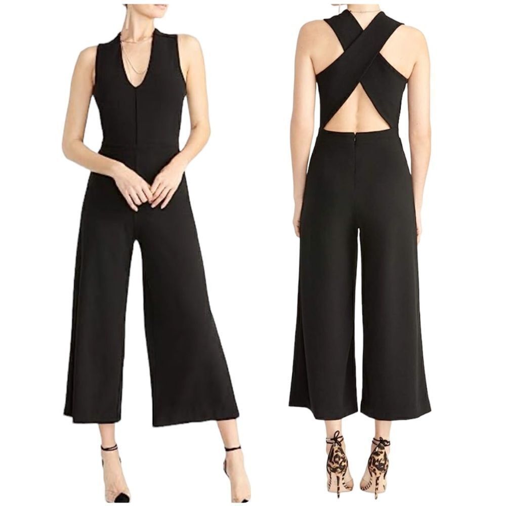 Rachel Roy Freya black criss-cross wide leg halter neckline wide leg cropped xs